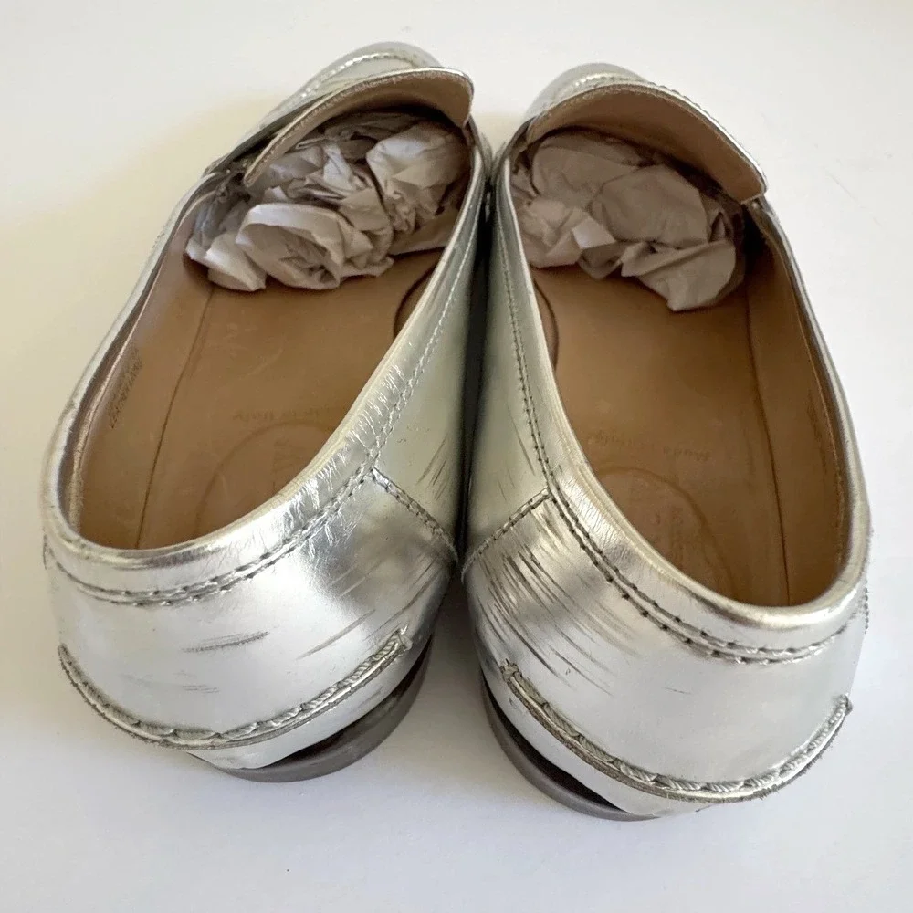 J.Crew Penny Loafers Size 9 Silver Metallic Leather Made in Italy Dark Academia